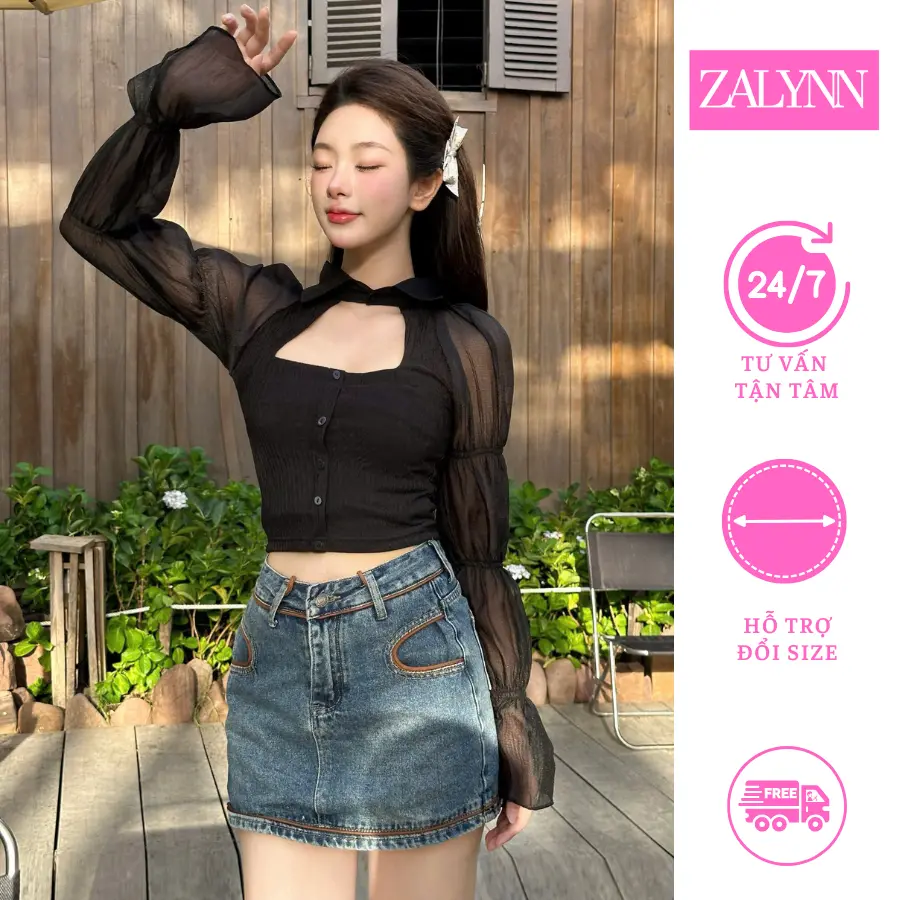 [Gía ưu đãi] Áo Kiểu Croptop Nữ Bánh Bèo Tay Dài Hở Lưng Ôm gọn chất vải thoáng mát mùa hè 2025 ZALYNN SM05 Women