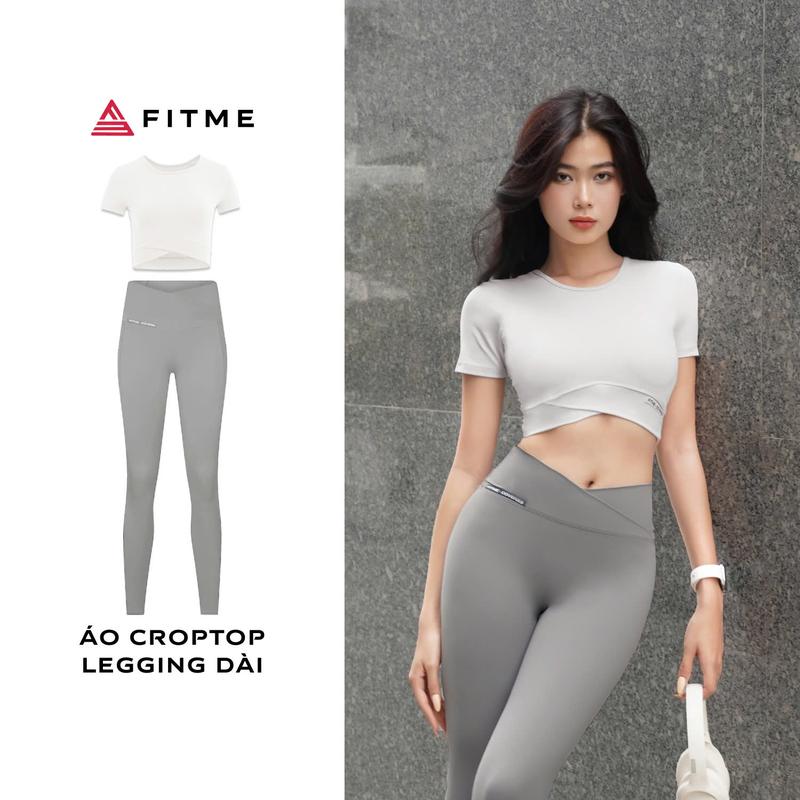 Bộ đồ thể thao tập gym yoga Áo thun croptop Light Grey, Quần legging phối xéo Dark Grey