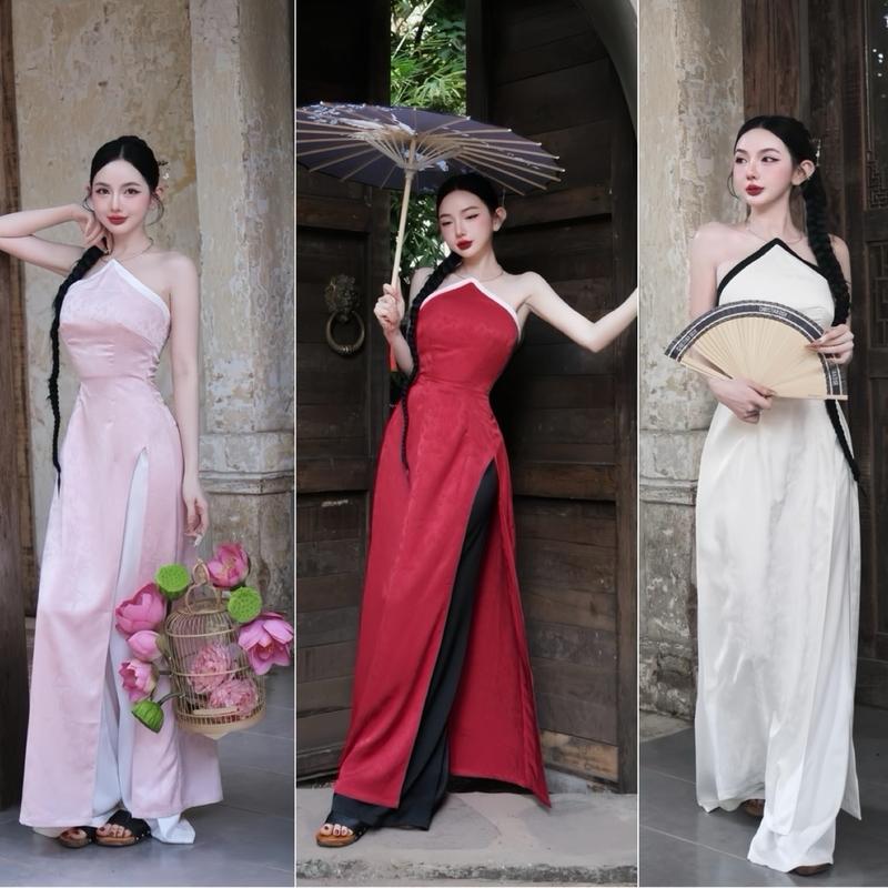 Áo dài cổ yếm phối kiềng xẻ tà A62 (sẵn đệm mút, kèm quần lụa dài 103cm) sang trọng pha lẫn hiện đại dành mặc mùa lễ hội - Akara Closet Dress Kem Women- Tết áo  dài