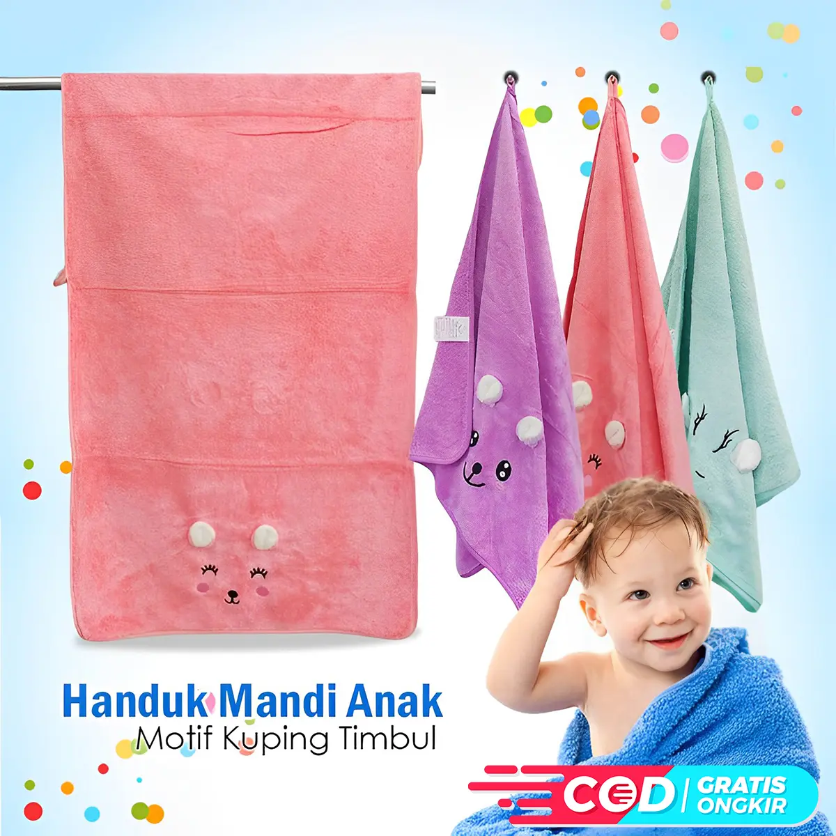 Handuk Mandi Anak Bayi Microfiber Motif Telinga Boneka Lucu