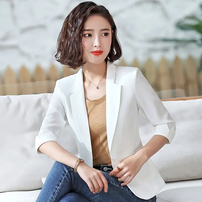 Plus Size M-4XL Women Blazer Jacket Spring Summer Autumn Fashion Casual Elegant Slim Office Work Suit Coat Outwear White Black Yellow