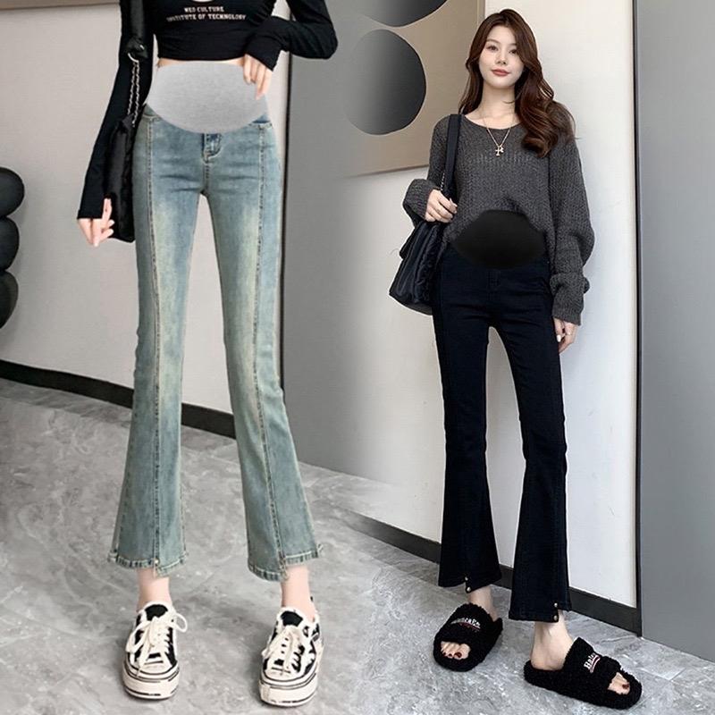 Quần bầu ống loe dài 90cm vải jean mềm giãn cho mẹ bầu mặc trong thai kỳ Váy Bầu Đầm Bầu