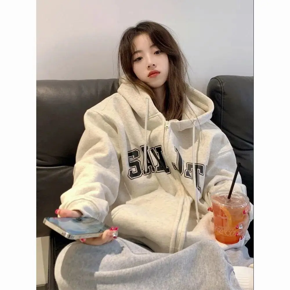 Áo Cardigan Có Khóa Kéo, Bộ Sưu Tập Mùa Xuân Và Mùa Thu, Phong Cách Cổ Điển Mới, Dáng Rộng Rãi Và Phong Cách Lười Biếng, Có Mũ Trùm Đầu, Áo Khoác Nữ Ngoại Cỡ, Lót Lông Cừu