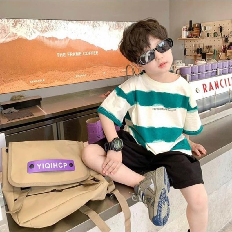 kho sỉ mẹ gạo Form bé khách mua tăng size ạ Bộ Quần và Áo Mùa hè Áo Thun Phối Màu Be Xanh Chất Cotton Mềm Và Quần Ngố Cho Bé Trai Size từ 8-30kg Vải Coton Vải Cotton