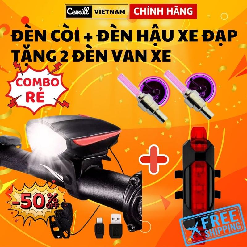  Combo Đèn xe đạp thể thao siêu sáng có còi pin sạc chống nước + Đèn chiếu hậu cảnh báo mã 02 TẶNG 2 ĐÈN GẮN VAN XE Cemill Gắn Xe Đạp Đạp Xe Đạp 