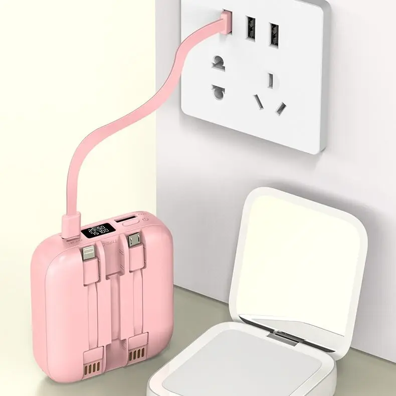 Powerbank Chính Hãng, Dung Lượng 50000mAh, Kích Thước Nhỏ, Có Gương Trang Điểm, Sạc Tích Hợp 4 Dây 4