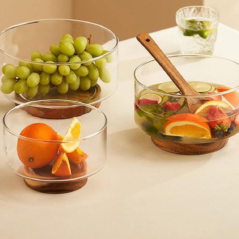 Round Clear Glass Fruit Plate With Wooden Base, 1 Count Light Luxury Transparent Fruit Snack Dish, Serving Tray For Home Kitchen Party 3