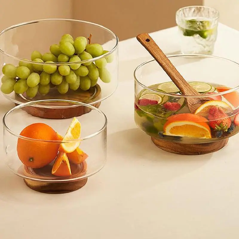 Round Clear Glass Fruit Plate With Wooden Base, 1 Count Light Luxury Transparent Fruit Snack Dish, Serving Tray For Home Kitchen Party 3