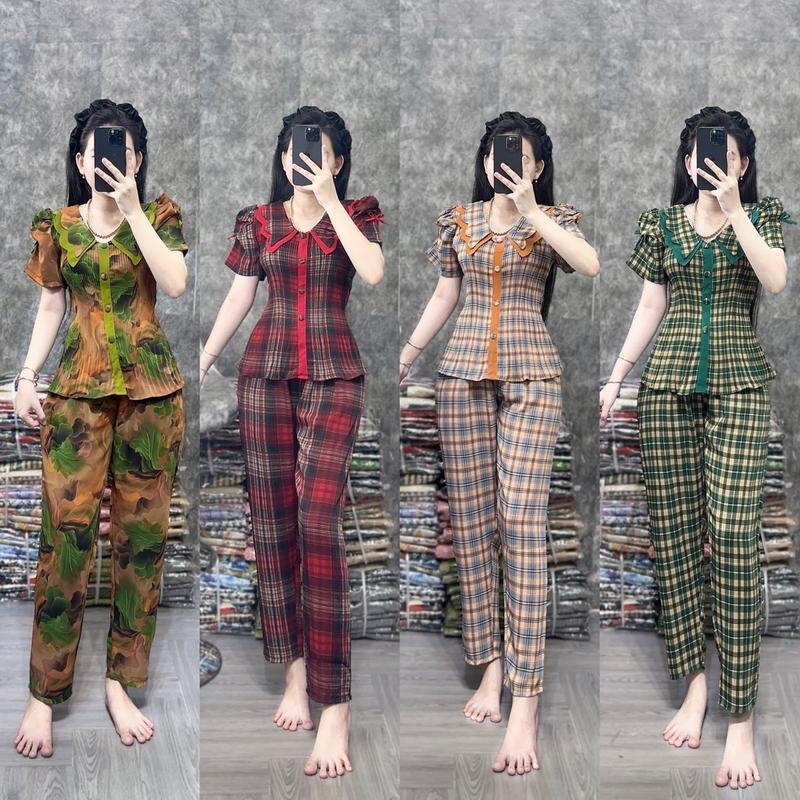 [ QUẦN DÀI ] Đồ bộ nữ tay ngắn , Áo Dập Ly Cổ Lượn Tay Nhúng Vải Lụa Mango mịn mát nhiều họa tiết , form thiết kế sang trọng Women