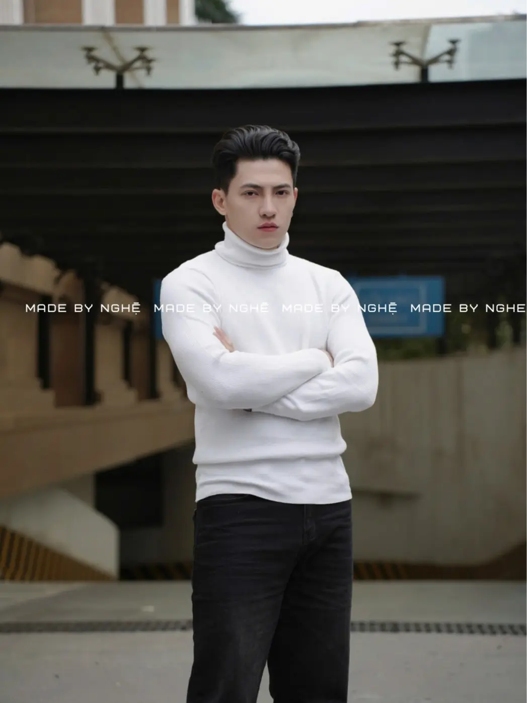 NGHỆ - Áo len nam cao cổ màu trắng AL01 chất len tăm dày dặn