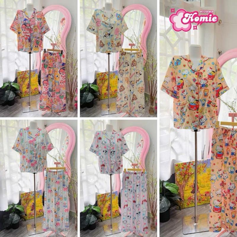 [Freesize 50 - 75kg] Bộ quần áo ngủ nữ, dáng áo truyền thống quần dài , chất vải lụa mịn, nhiều hoạ tiết xinh Nữ Women