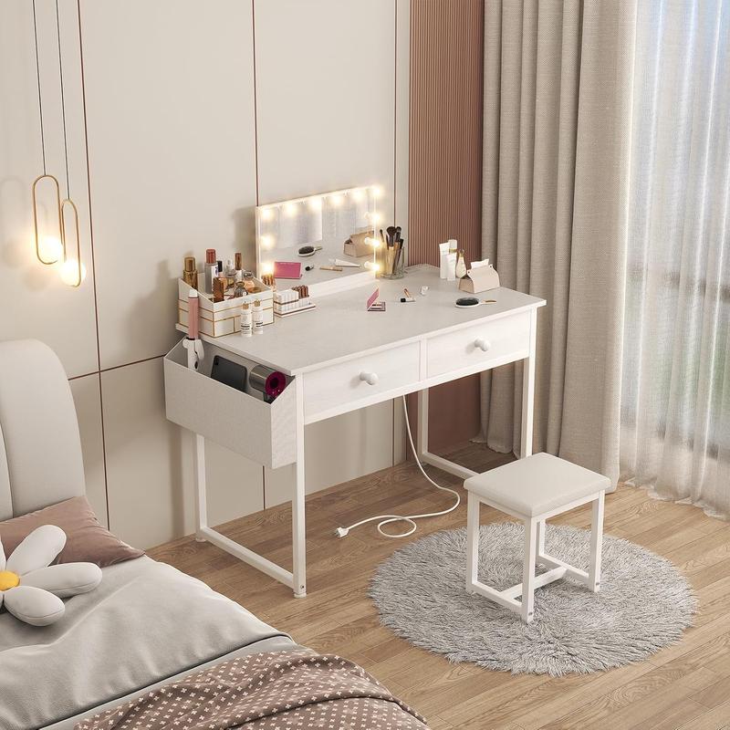 TikTok Shop White Makeup Vanity Desk with Chair no Mirror Small Vanity Table with Fabric Drawers Power Outlet Stool Without Mirror Modern Make Up Desk Set for Bedroom