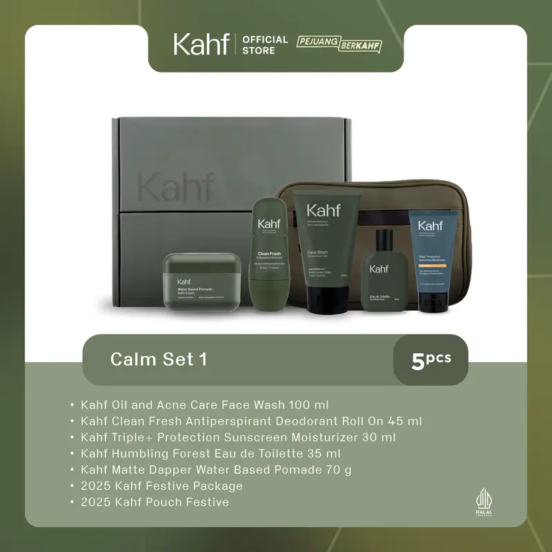 [FREE EXCLUSIVE BOX FOR GIFT] Kahf 5in1 Grooming Men Essential Set 3 (Face Wash, Deodorant, Sunscreen, EDT, Pomade/Hair Powder) - Paket Hampers Hadiah Perawatan dan Skincare Pria 3