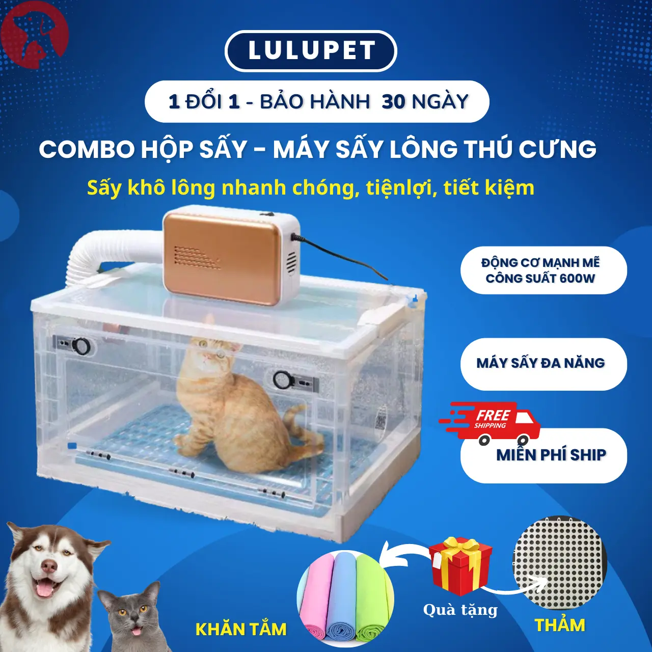 Máy sấy lông chó mèo + Hộp sấy trong suốt tiện lợi, lồng sấy lông mèo. Máy sấy công suất 600W, sấy khô lông thú cưng nhanh chóng, sấy quần áo, sấy giày khi ẩm. LULUPET