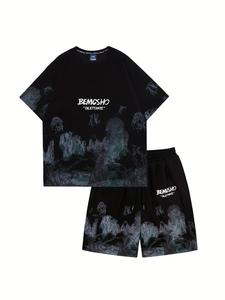 Two-piece Set Men's Landscape  Print Tee & Shorts, Loose Casual Round Neck Short Sleeve T-shirt & Track Shorts, Summer Clothes Set for Men
