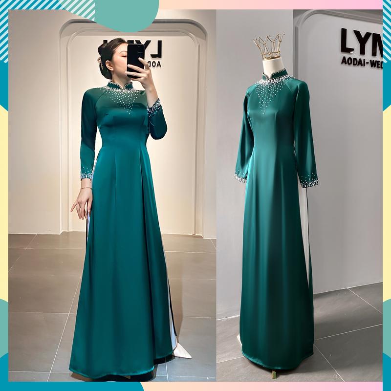 Áo dài Mẹ cô dâu - XANH KẾT NGỌC CỔ V - Áo Dài Lynh Voi Women Sen Kem Voan Dress