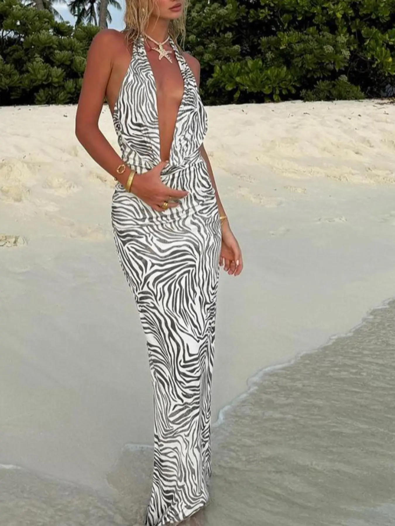 Women's Zebra Stripe Print Backless Dress, Casual Fashion Deep V Neck Dress for Summer, Women's Clothing for Beach Holiday