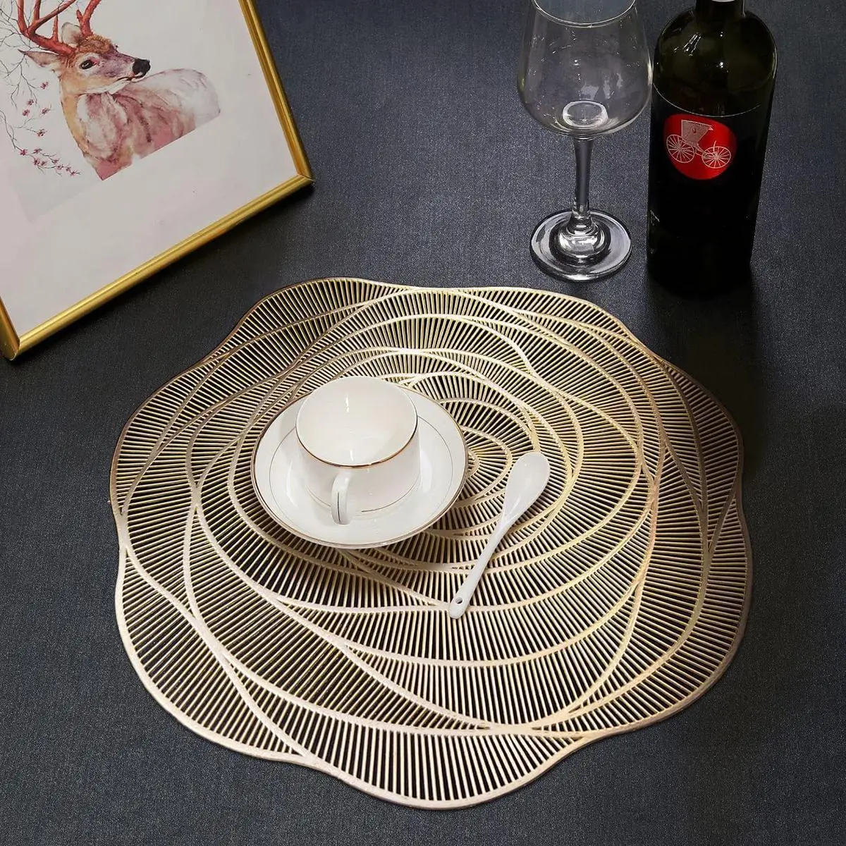 Round PVC Hollow Placemats Set for Restaurant Dining Table, with Weave Pattern and Anti-Hot Feature, Wheat Ears Design#PVC Placemats #Anti-Hot Mats #Restaurant Tableware#Dining Table Mats #Weave Pattern Mats #Set of Placemats Coasters Plastic