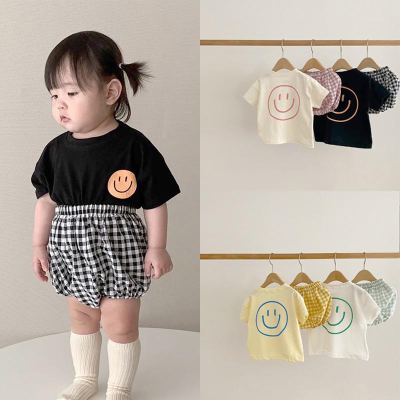 Bộ Quần Áo Mùa Hè Cho Trẻ Sơ Sinh, Bé Trai Và Bé Gái, Mặt Cười, Áo Phông + Quần Đùi Kẻ Sọc, Bó, Trẻ Mới Biết Đi