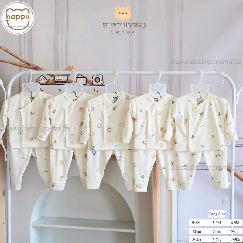 Combo 3 - Combo 5 Bộ Dài Tay Cúc Bấm Chất Liệu Nỉ Hàn, Nền Kem Vạt Vuông Cho Bé Sơ Sinh 3-9Kg