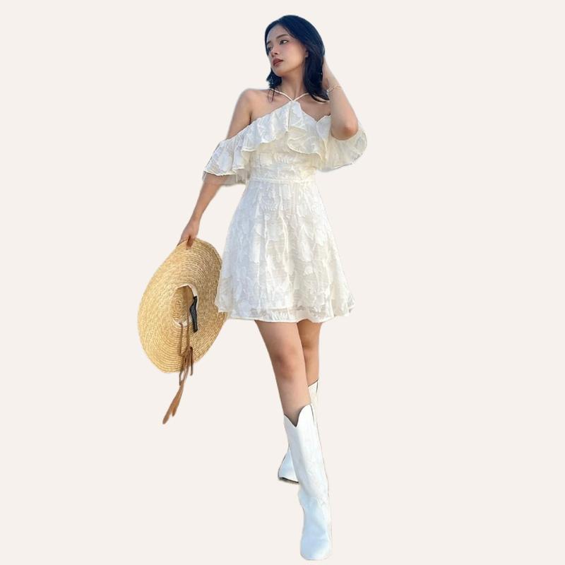 Váy cổ yếm nữ tay bồng [Linly Store] Váy ngắn trễ vai dáng xòe tiểu thư V-VCY2