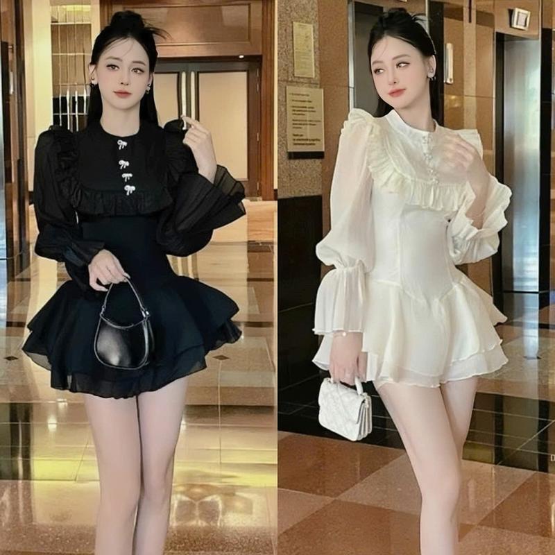 Đầm váy nữ tơ kiến thiết kế tay dài bồng cổ tròn phối bèo dáng xèo [có lót] sang chảnh dành cho các nàng diện di chơi,di tiệc.   Women