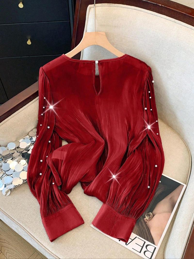Product Introduction of Women's Glitter Faux Pearl Decor Crew Neck Blouse, Elegant Fashion Casual Long Sleeve Top for Daily Outdoor Wear, Women Clothing for Spring 6