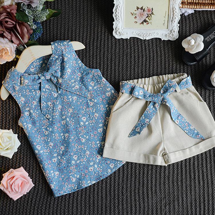 Product Introduction of Summer Children Sleeveless Bow Vest+shorts Floral Two-piece Suit 5
