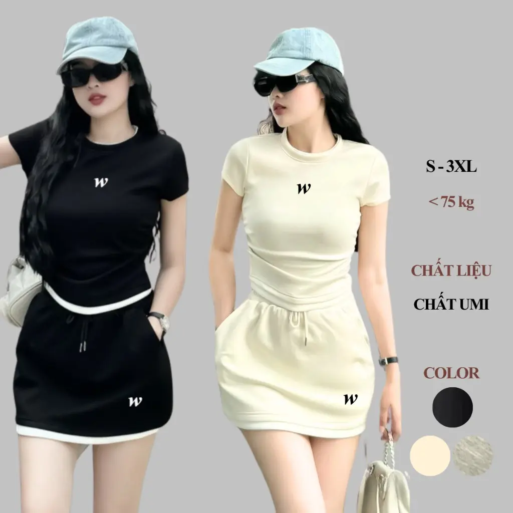 Set Nữ Mùa Hè Sang Chảnh Thêu Chữ W Áo Dúm Eo Chân Váy A Lót Viền Trắng, Set Bộ Đồ Nữ Ngắn Mùa Hè Thêu Chữ Bigsize 290T