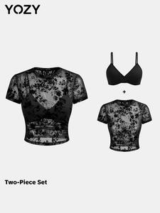 Yozy Women's Leaf Print Floral Print Sheer Top & Bra Two-piece Set, Chic Casual Elegant Crop Top & Bra for Daily Wear, Ladies Clothes for All Seasons