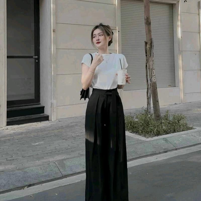Sét bộ thời trang nữ sang chảnh mặc đi chơi áo tăm gân cổ tròn tay ngắn mix quần ống rộng siêu xinh qc Women Top 5