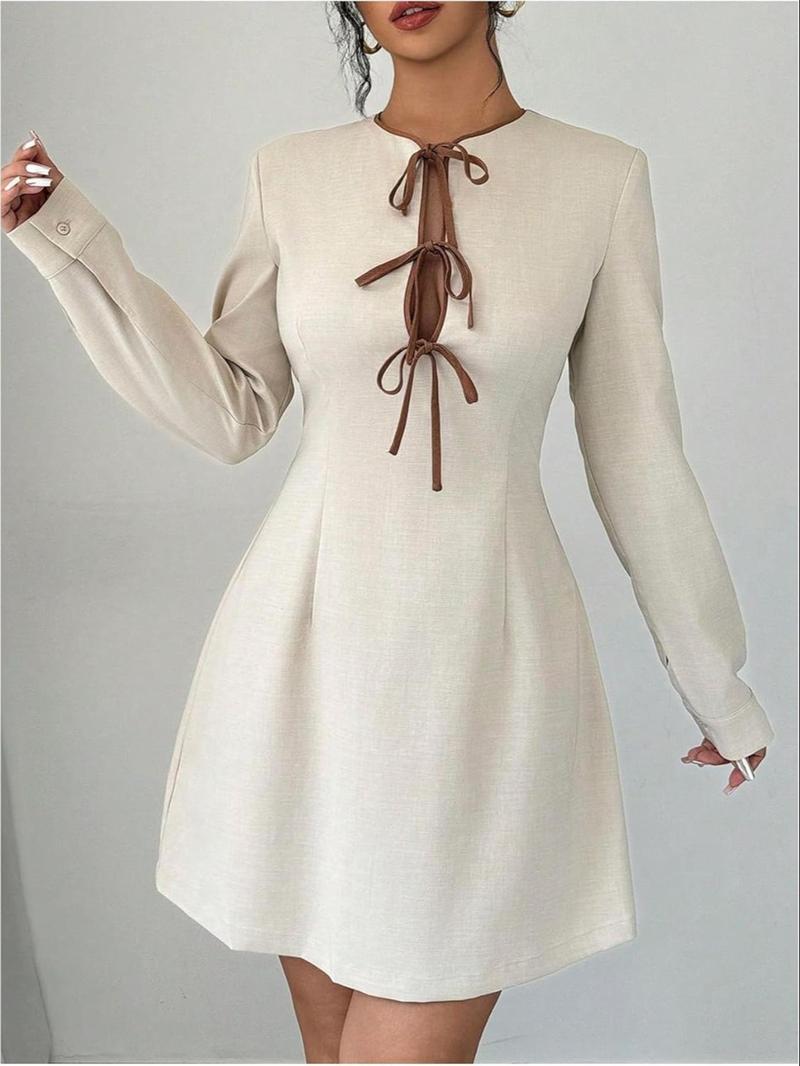 Product Introduction of Women's Plain Tie Front Bishop Sleeve Dress, Elegant Zipper Back A Line Short Dress for Party Holiday Wedding Guest, Ladies Fall & Winter Clothes Valentine's Day, gift 3