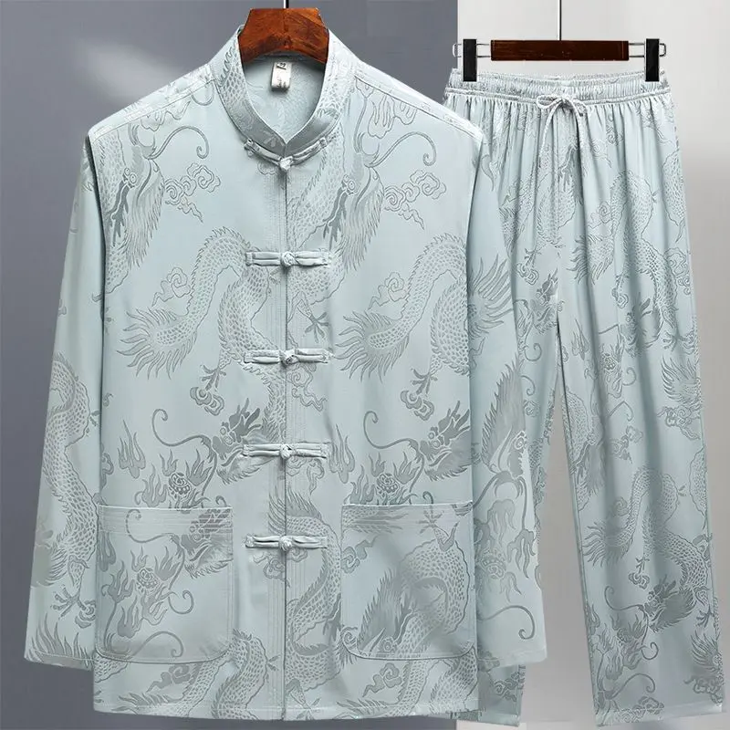 Bộ Đồ Tang, Bộ Đồ Dài Tay Lụa Lạnh Cho Nam, Phong Cách Cổ Điển Trung Người Già Và Cao Tuổi, Thích Hợp Cho Mùa Xuân Và Mùa Hè, Hanfu, Bố, Ông Già, Tập Thể Dục Buổi Sáng, Bộ Đồ Tai Ji Áo Menswear Quần 2