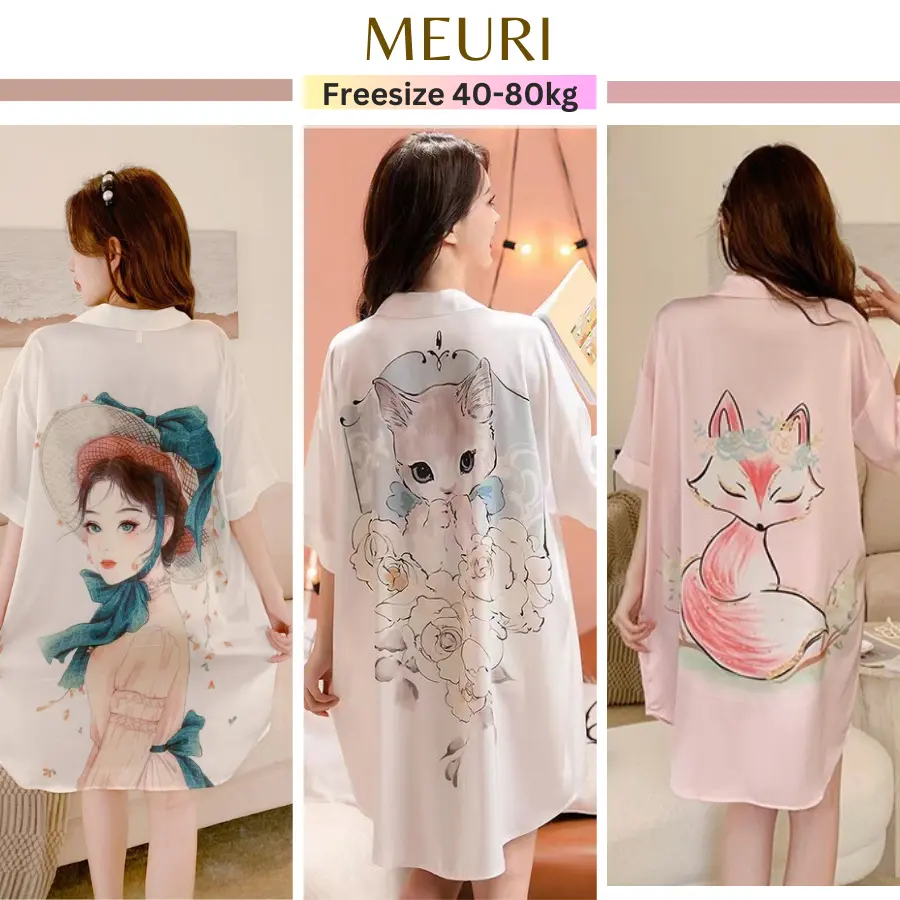 Đầm ngủ sơ mi lụa latin tơ tằm in hình cao cấp