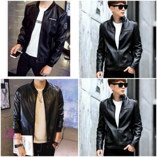 Áo Khoác Da Nam Có 3 Sọc - Logo Thêu - Có Túi Khoá Kéo Ngực Màu Đen - 2 Lớp Lót Dù - Thu Đông Jacket Menswear aodanam aokhoac nam Có Cổ