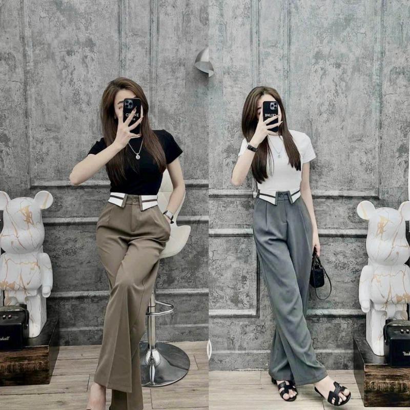[019] Quần Xuông Ruby 1 cúc Cạp viền  bẻ, quàn Culottes cạp cao Nữ Pants Women Đen 4