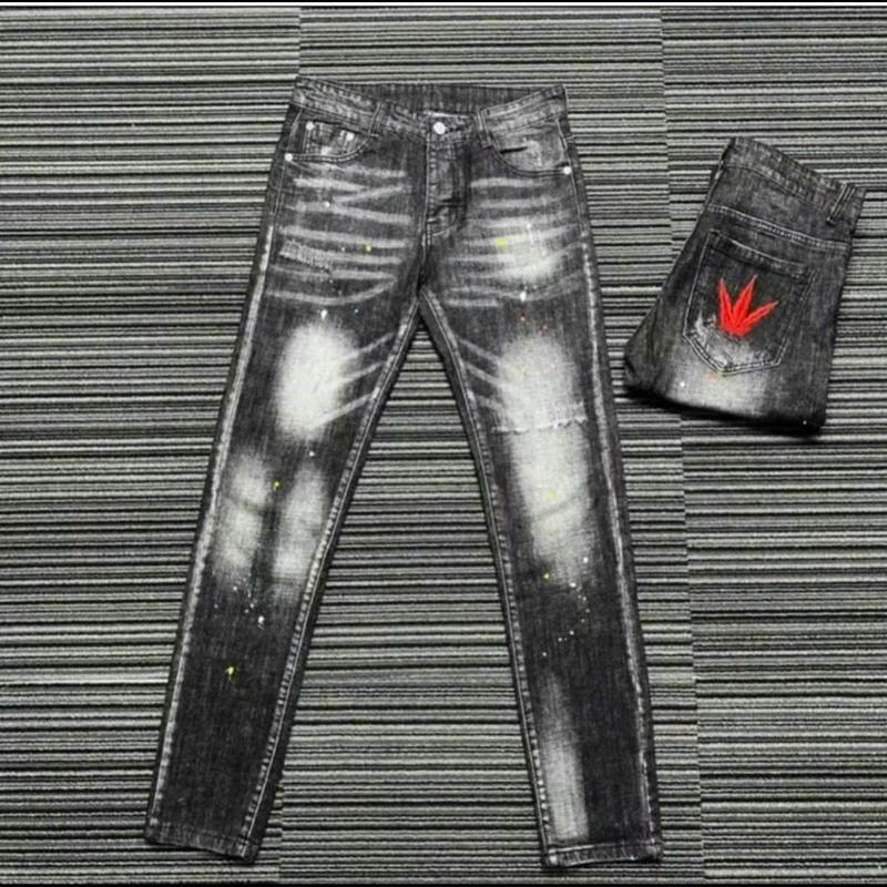 Quần jean dài xám nam Có Túi boy phố họa tiết phẩy sơn kiểu thêu lá phong Đỏ túi sau siêu xịn hàng shop Menswear 2000