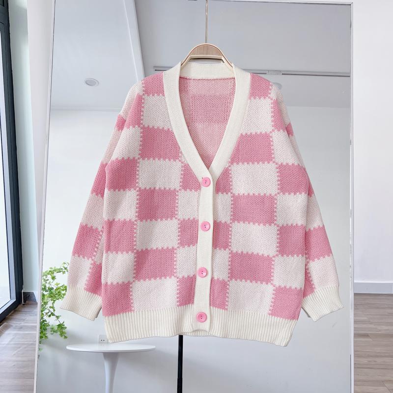 Áo Cardigan Len Nữ Caro Hồng Xinh Form Rộng 3