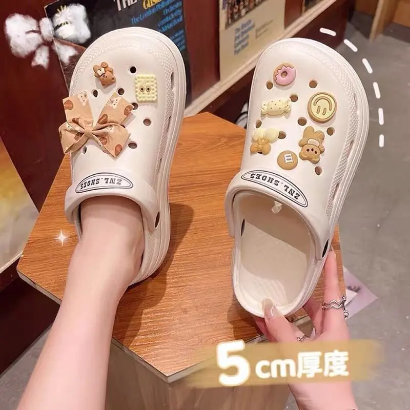 Trêu ghẹo dép, dành cho phụ nữ, Thiết kế gấu Thắt Nơ thoáng khí, Thích hợp cho các hoạt động ngoài trời mùa hè, Phong cách Hàn Quốc, Đế dày, Giày làm vườn, Tăng chiều cao, Mềm mại, Bít Mũi, Dép đi Biển