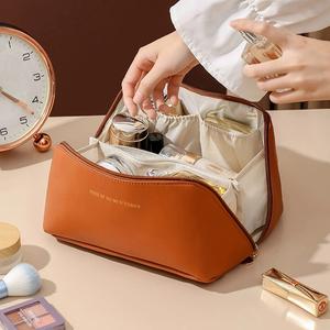 Bolsa de cosméticos de viaje de gran capacidad, bolsa de maquillaje portátil impermeable con asa y divisores, neceser organizador de maquillaje con cierre para viaje
