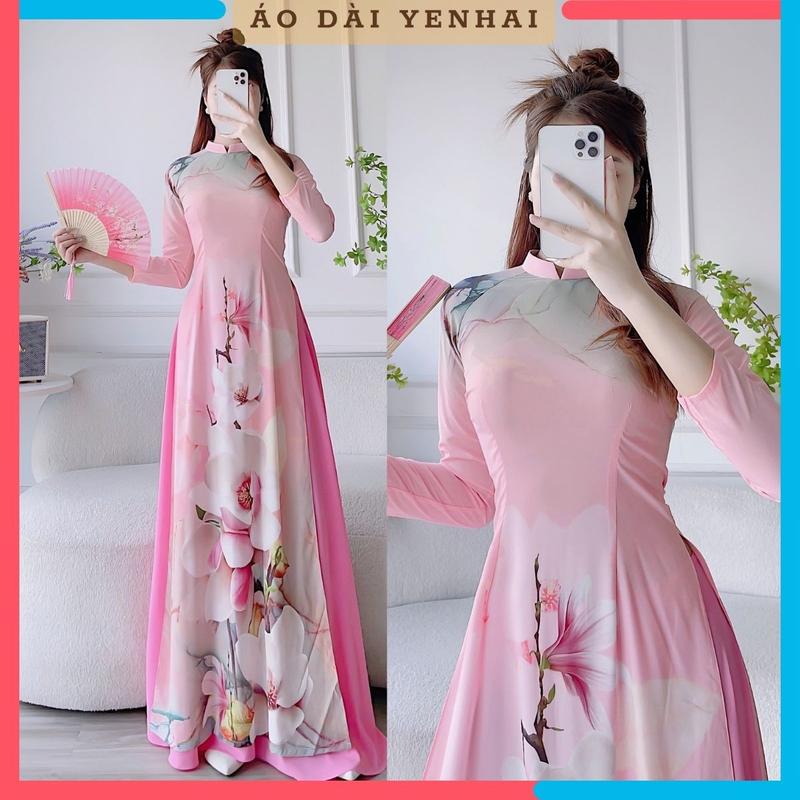 D204 - Áo dài màu hồng phấn trẻ trung chất lụa mềm mịn cho giãn