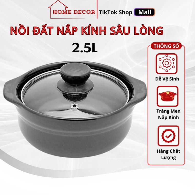 ( NỒI ĐẤT SÂU LÒNG 2L5 ) Nồi Đất Kho cá, Nấu Cơm Niêu, Mì Cay, Hầm Thịt Tráng Men Chống Dính Nắp Kính Cao Cấp