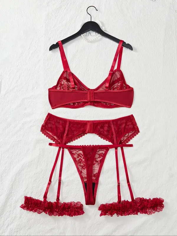 【Plus Size】 Floral Lace Sexy Lingerie Set, Sexy Push Up Bra & Thong & Garter Belt Set, Women's Lingerie & Underwear for All Seasons 7