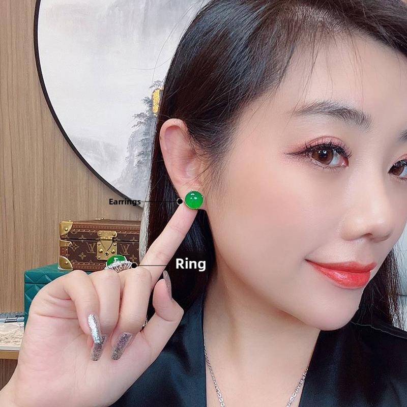 Product Introduction of Natural Ice Transparent Green Agate Chalcedony Large Bread Round Single Diamond Simple Light Luxury Earrings for Women Elegant Ear Jewelry 1