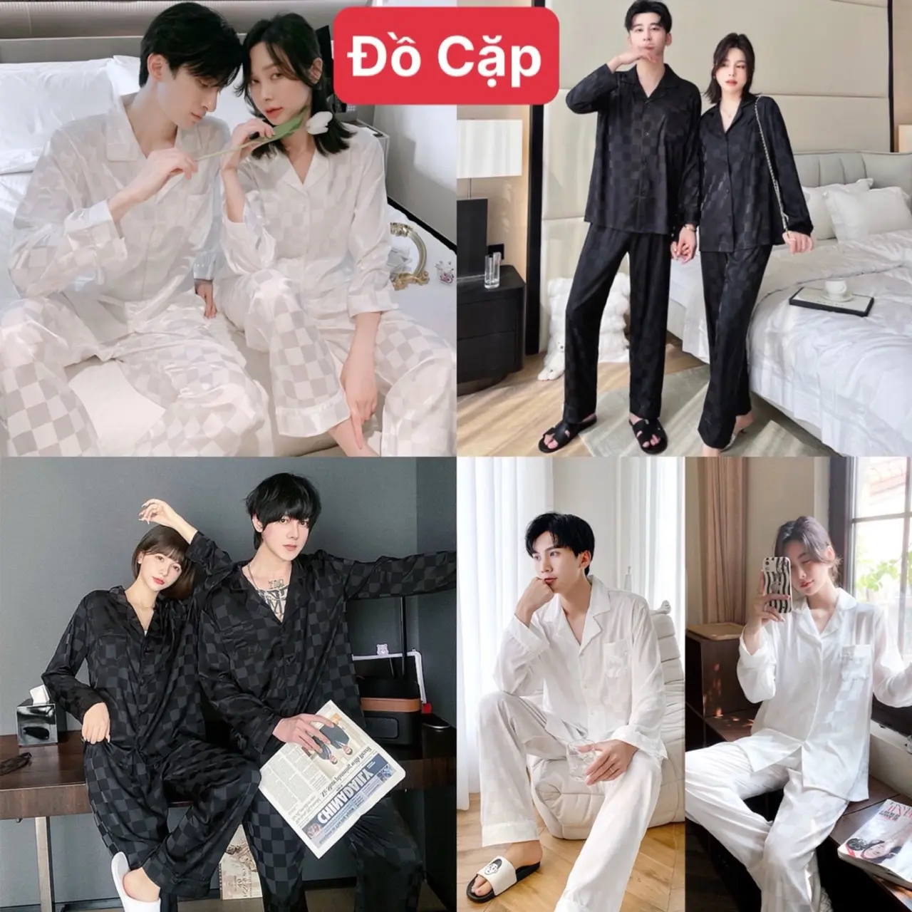 Đồ Bộ Pijama Ngủ Nam -Nữ (Cặp) Gấm Ô Vuông TDQD 2 màu Trắng -Đen ( Có 2 size Nữ) (Freesize 60-85Kg Nam)