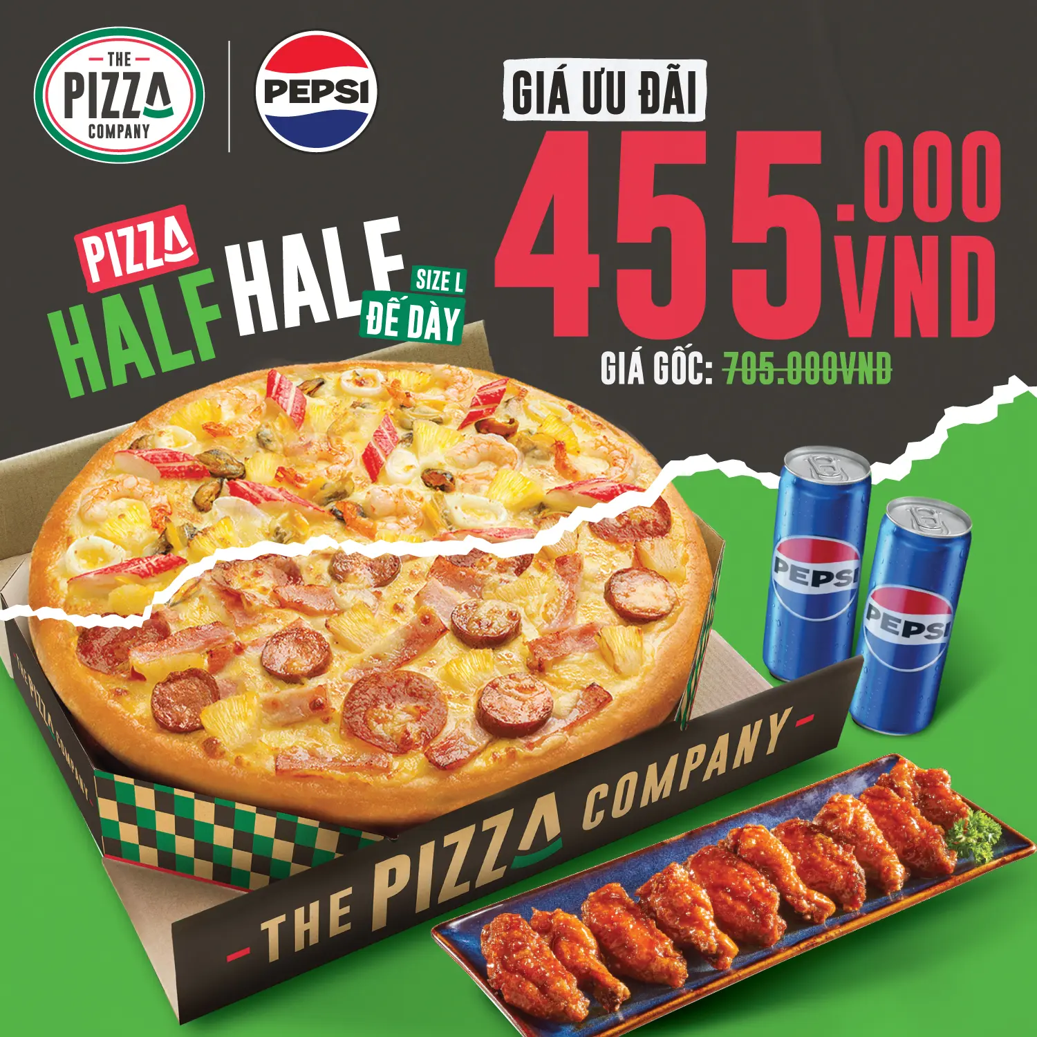 Combo 1 Pizza half half size L đế Dày + 1 Cánh Gà Tẩm Bột Chiên Giòn (10pcs) + 2 lon nước- The Pizza Company (Giao nhanh 1H)