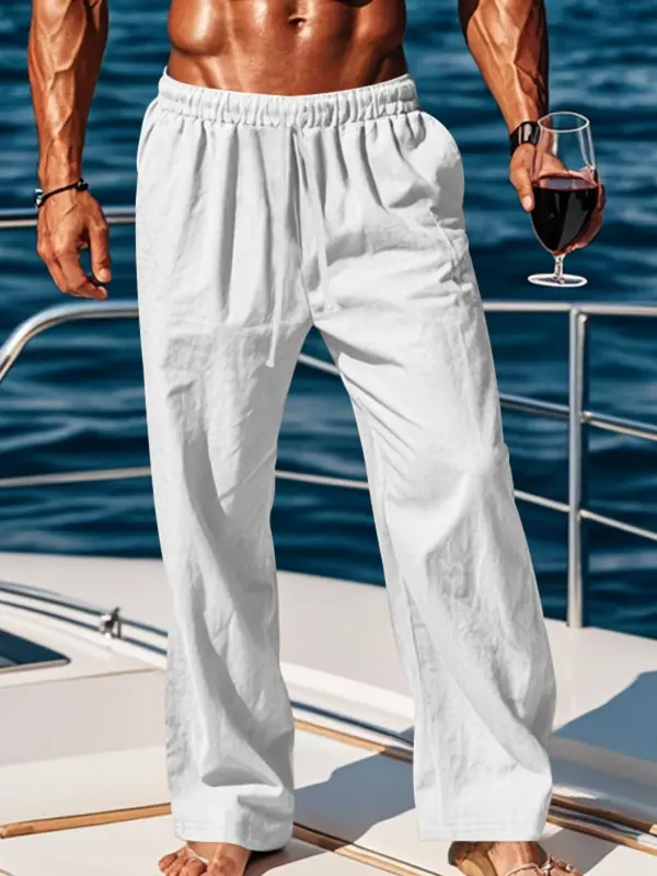 Men's Solid Pocket Drawstring Waist Pants, Regular Fit Casual Comfy Trousers for Beach Vacation Holiday, Men's Bottoms for All Seasons 6