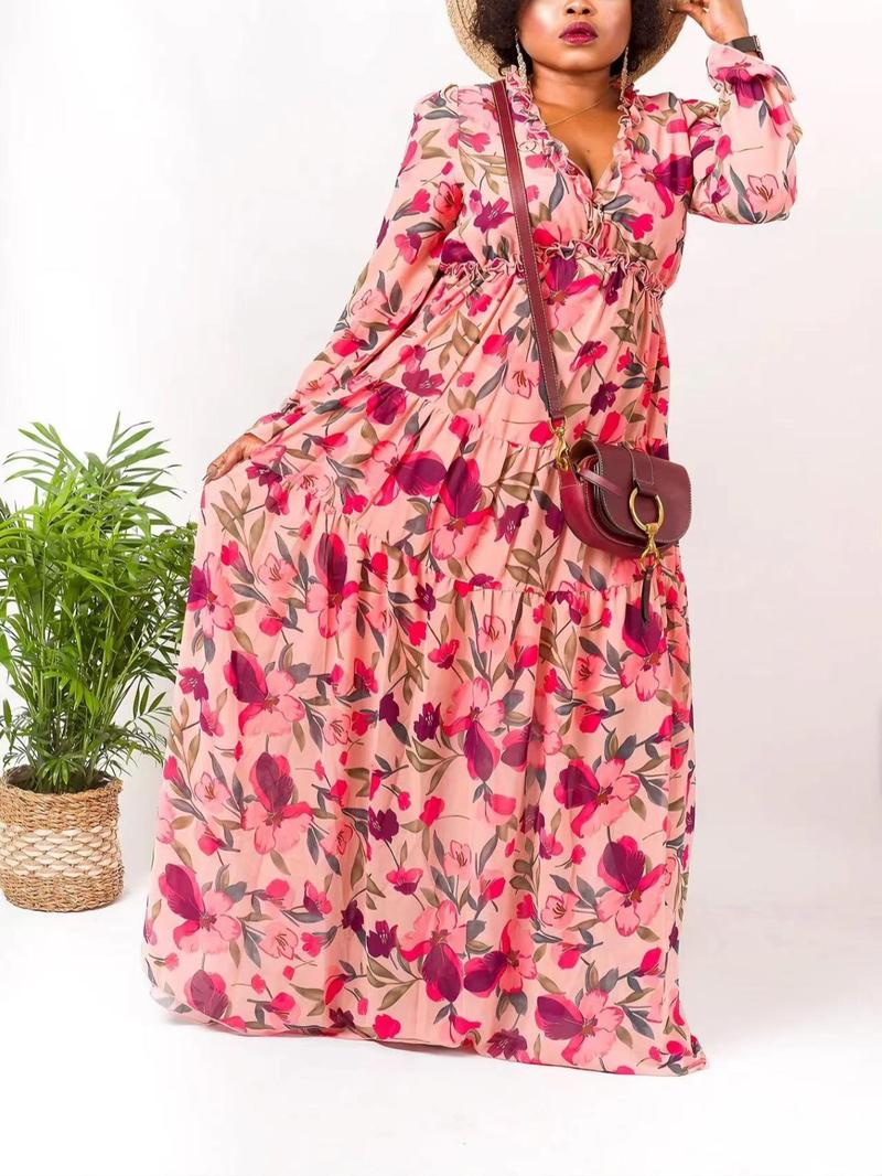 Product Introduction of Plus Size Floral Print Frill Chiffon Dress, Boho Elegant Ruffle Hem Flounce Sleeve A Line Dress for Holiday Vacation, Dresses for Women, Women's Clothes for All Seasons, Ditsy Floral Dress 5