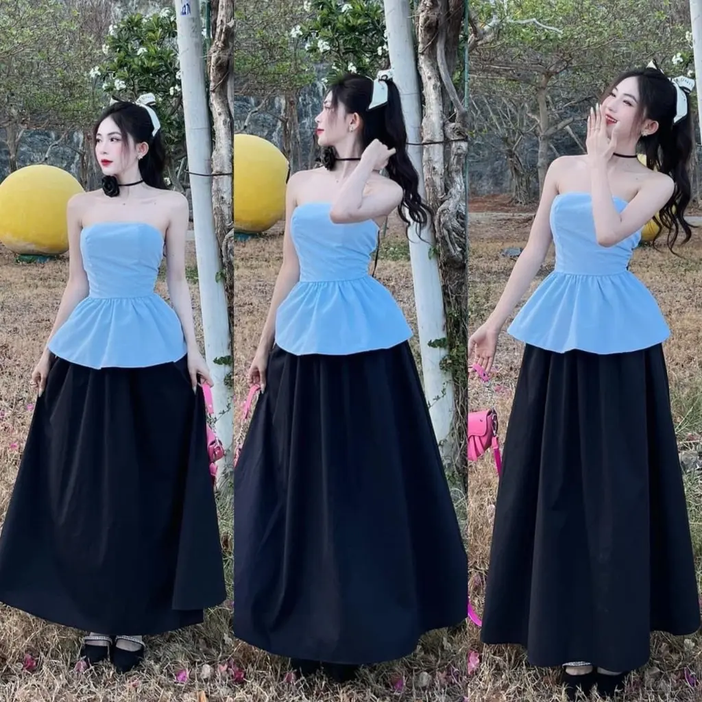 Bộ áo dài ống cúp xanh kèm chân váy midi đen size 40-55kg cho nữ - Kem vaytet
