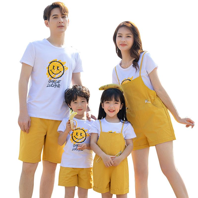 Family Matching Shirt Women Girl Yellow Jumpsuit Kids Set Wear Short Pants For Men Women Mini Dress Korean Style Women Blouse 4